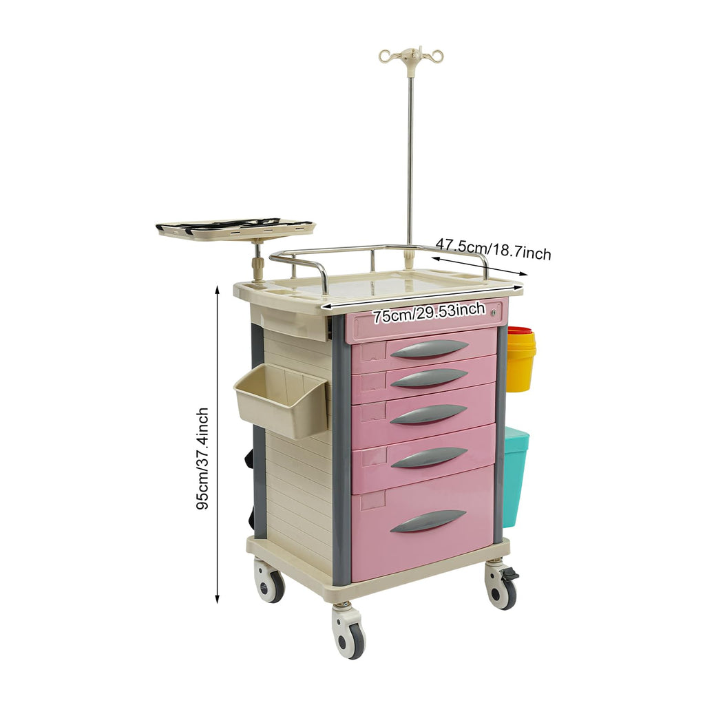 Medical Rolling Crash Cart, Medical Trolley 5 Drawers and Power Strip, Mobile Medical Cart for Clinic, Hospital, Nursing Center, Lockable Storage, Safety Retention Straps, Tag Slots (Blue)