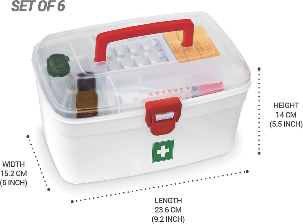 MILTON Plastic Medicine Box, First Aid Box, Set of 6, Small Storage with Handle, Emergency Indoor Outdoor Medical Utility Cabinet Organizer, Transparent, Portable Lockable & Detachable Tray