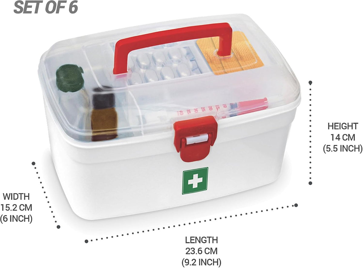 MILTON Plastic Medicine Box, First Aid Box, Set of 6, Small Storage with Handle, Emergency Indoor Outdoor Medical Utility Cabinet Organizer, Transparent, Portable Lockable & Detachable Tray