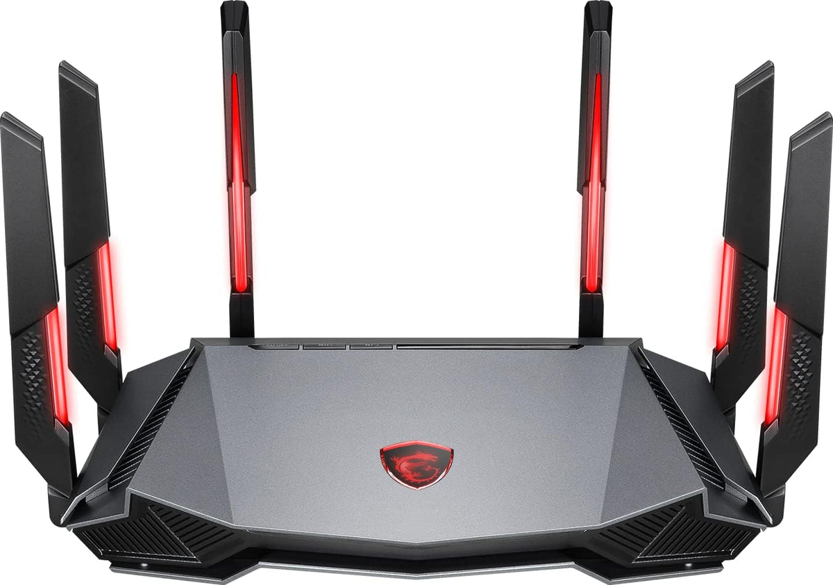 MSI Radix AXE6600 WiFi 6E Tri-Band Gaming Router, AI QoS, RGB, 1.8GHz Quad-Core Processor, MU-MIMO, Tri Band Gigabit Wireless, 8-Stream, High Speed Long Range Gaming Router
