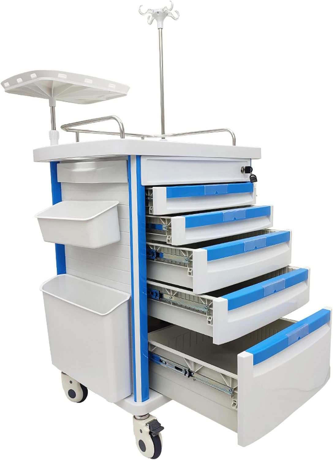 Mobile Anesthesia Cart Medical Emergency Crash Cart Medication ABS Storage Trolley Movable Vehicle Cabinet with Oxygen Cylinder Bracket Plastic Basket for Hospitals and Clinics
