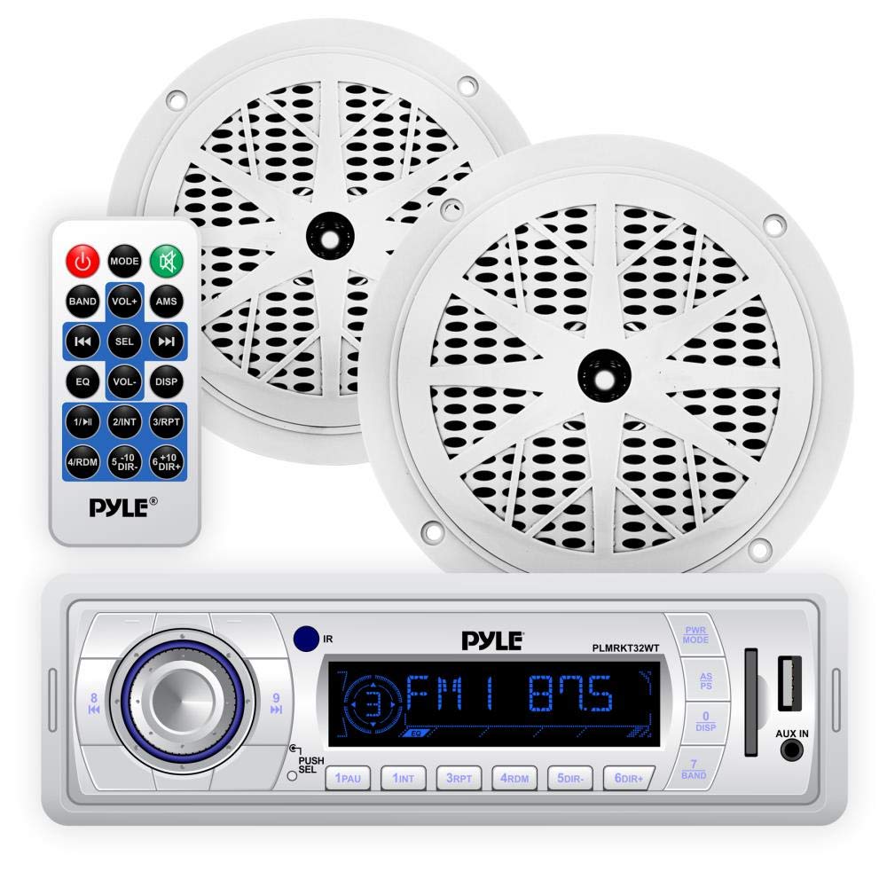 Pyle Marine Bluetooth Receiver Speaker Kit - Waterproof Audio Entertainment System Set w/Dual 6.5" Boat Speakers, Wireless BT Controller, Compact Handheld Broadcasting Microphone (White)