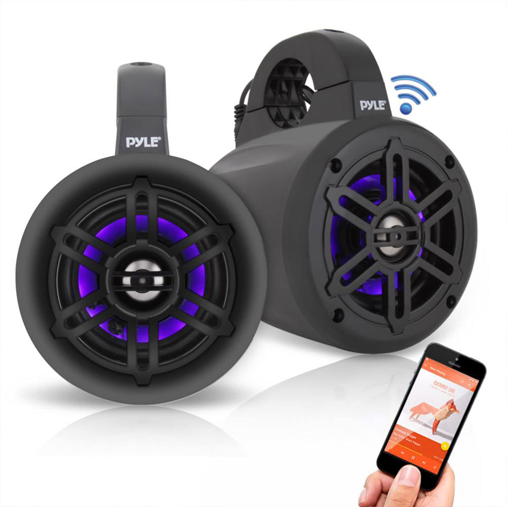 Pyle Waterproof Marine Wakeboard Tower Speakers - 4in Dual Subwoofer Speaker Set w/LED Lights & Bluetooth for Wireless Music Streaming - Boat Audio System w/Mounting Clamps PLMRLEWB47WB (White)