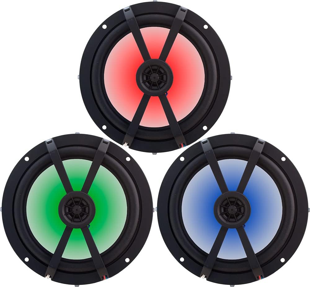 KICKER 8" Marine Speakers (1 Pair) OEM Replacement Coaxial Speakers for Boat with Charcoal Grille and LED Lights 4-ohm. Water and Weather Resistant