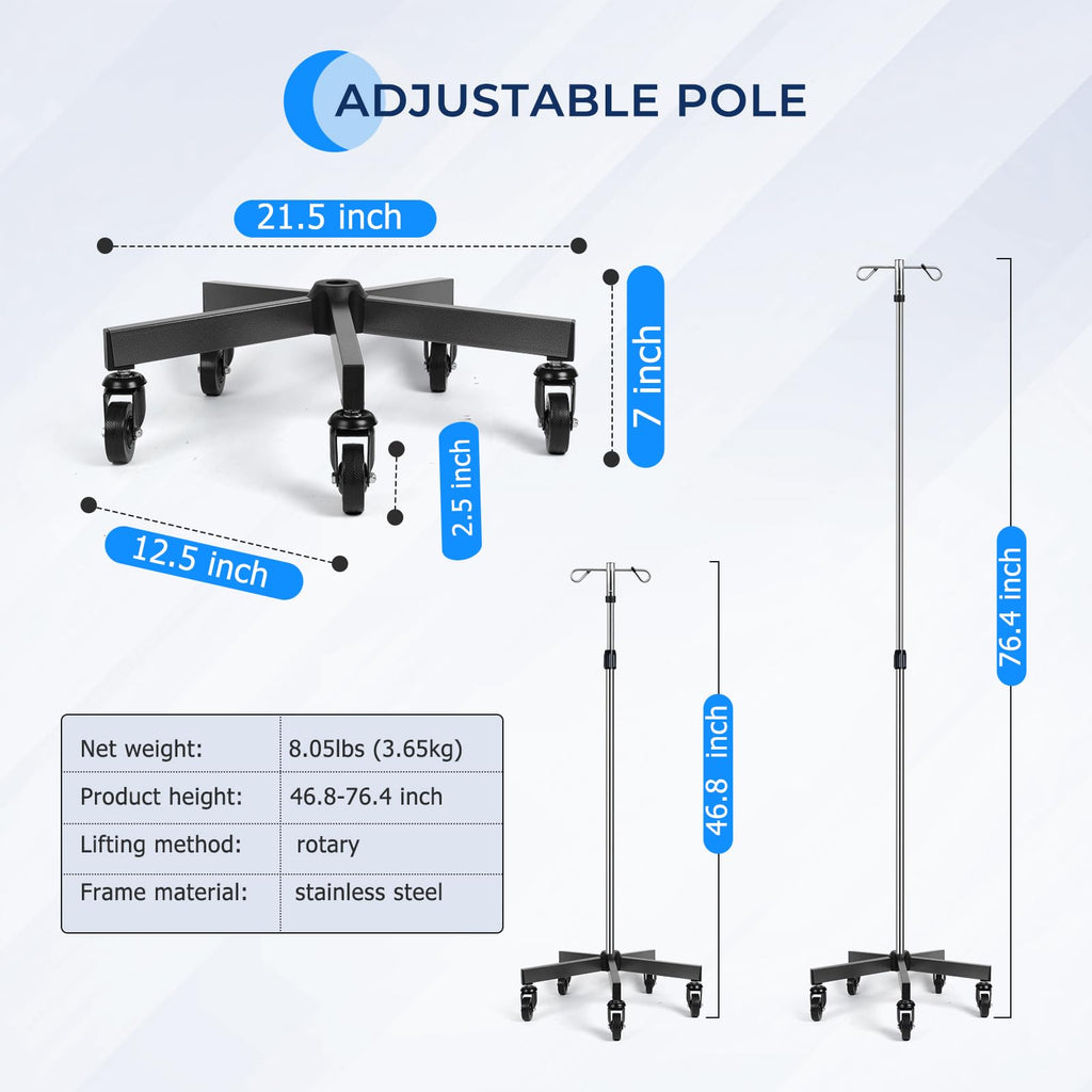 IV Poles with Wheels IV Stands 2 Hooks 5 Legs Rolling Base with Heavy Duty Stainless Steel, Adjustable Height,2PCS/2Pack