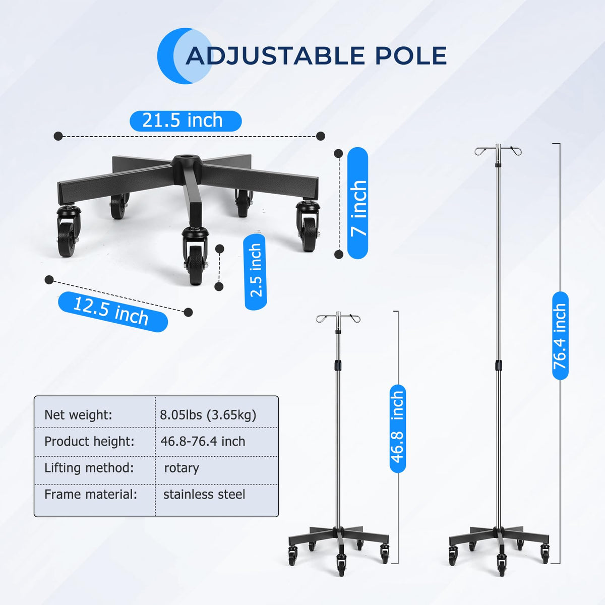 IV Poles with Wheels IV Stands 2 Hooks 5 Legs Rolling Base with Heavy Duty Stainless Steel, Adjustable Height,2PCS/2Pack