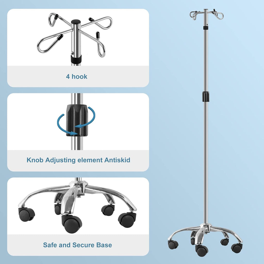 IV Poles with Wheels IV Stands 2 Hooks 5 Legs Rolling Base with Heavy Duty Stainless Steel, Adjustable Height,2PCS/2Pack