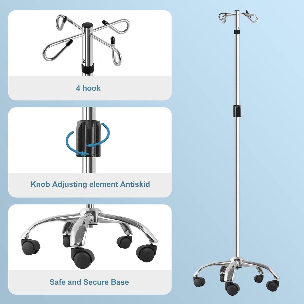 IV Poles with Wheels IV Stands 2 Hooks 5 Legs Rolling Base with Heavy Duty Stainless Steel, Adjustable Height,2PCS/2Pack
