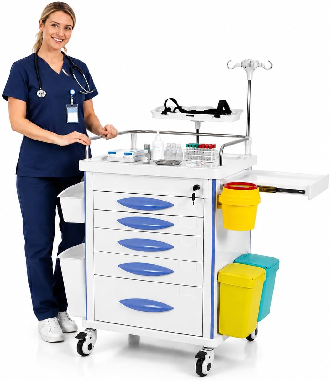 Medication Cart with Lock, 5 Drawer Medical Crash Cart on Wheels w/ IV Pole