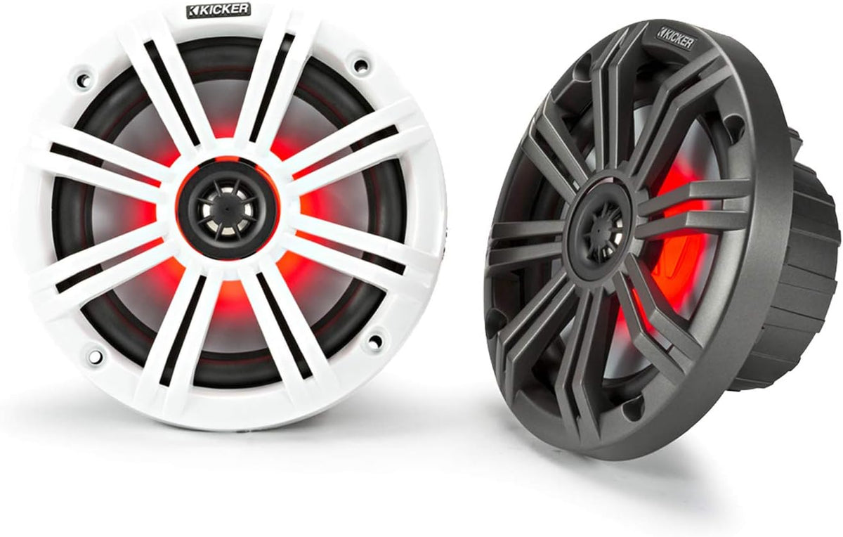 KICKER 6.5" 195 Watt Peak Power Marine OEM Replacement RGB Multicolor LED Boat Audio Speakers (Qty 8) with Charcoal Grilles