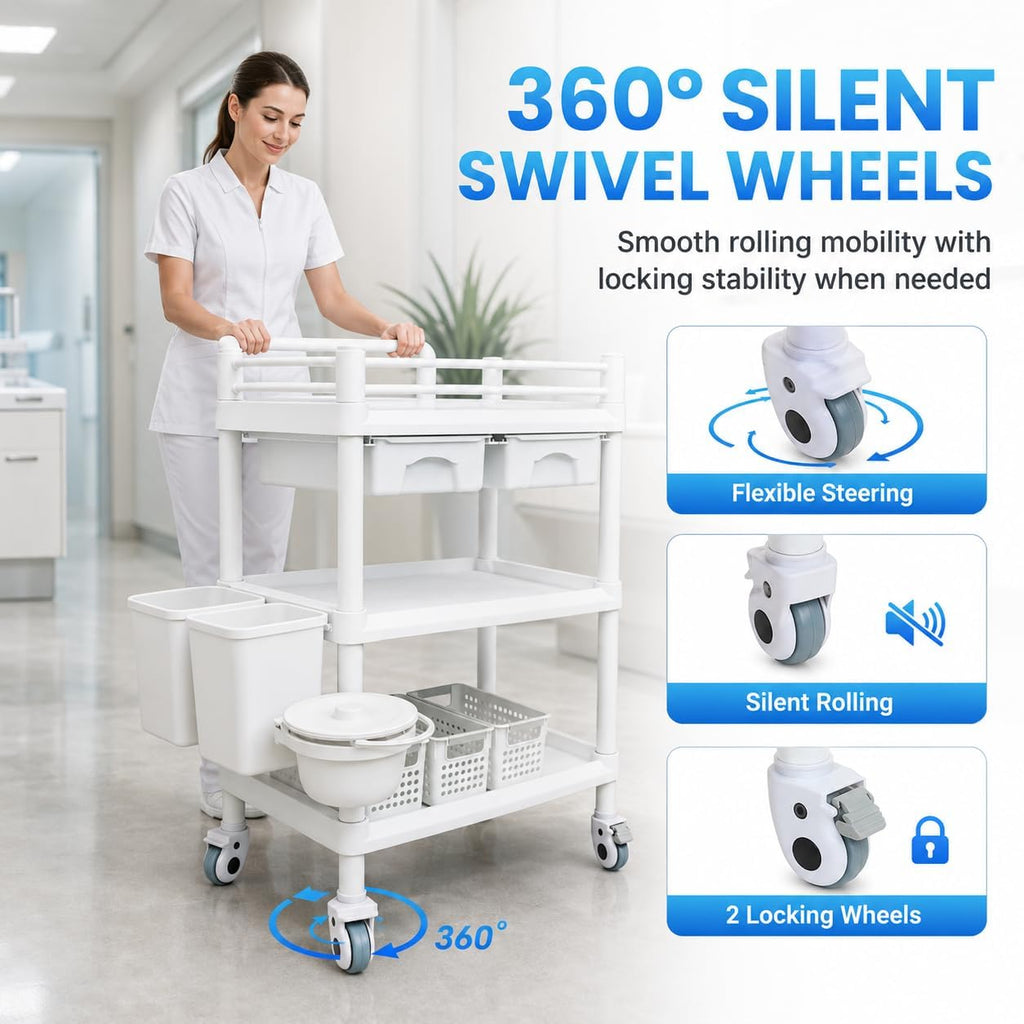 18 x 25 x 40 in Mobile Medical Cart, 3 Tier Professional Utility Cart, 600 LBS ABS Rolling Crash Cart, 2 Drawers, Dirt Bucket, Sharps Box, Storage Basket, 360Â° Wheels for Hospital Dental Clinic