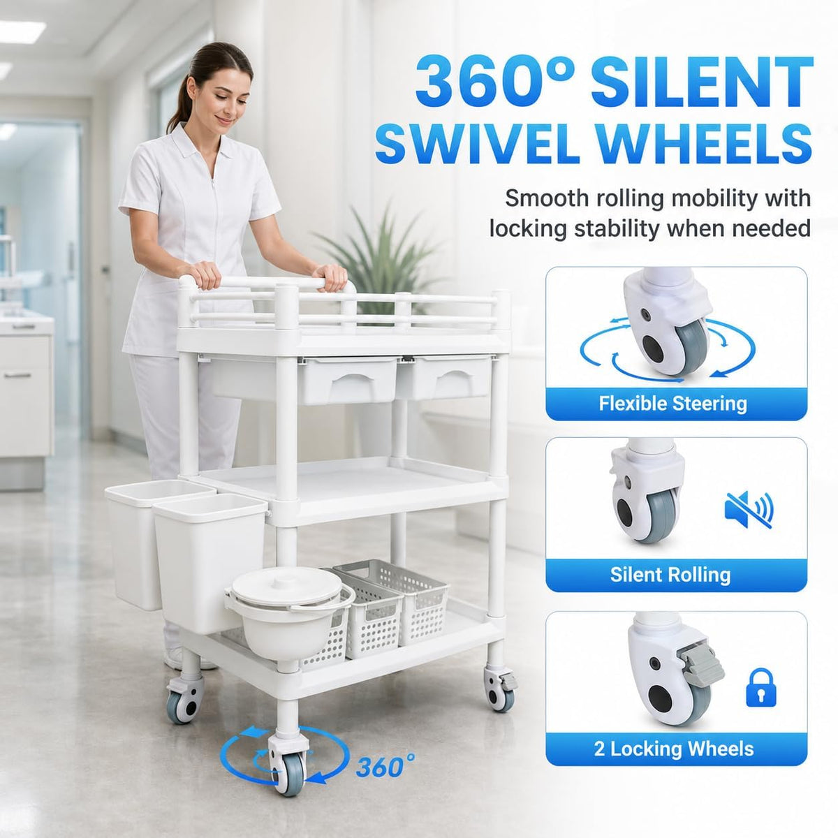 18 x 25 x 40 in Mobile Medical Cart, 3 Tier Professional Utility Cart, 600 LBS ABS Rolling Crash Cart, 2 Drawers, Dirt Bucket, Sharps Box, Storage Basket, 360Â° Wheels for Hospital Dental Clinic