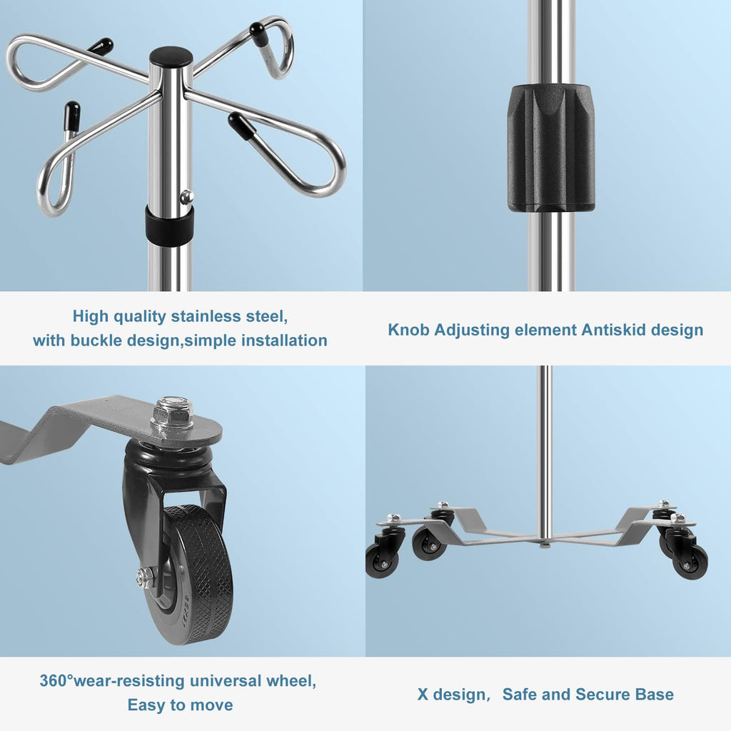 IV Poles with Wheels IV Stands 2 Hooks 5 Legs Rolling Base with Heavy Duty Stainless Steel, Adjustable Height,2PCS/2Pack