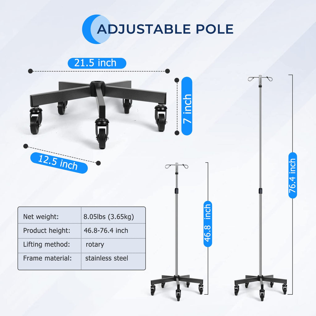 IV Poles with Wheels IV Stands 2 Hooks 5 Legs Rolling Base with Heavy Duty Stainless Steel, Adjustable Height,2PCS/2Pack