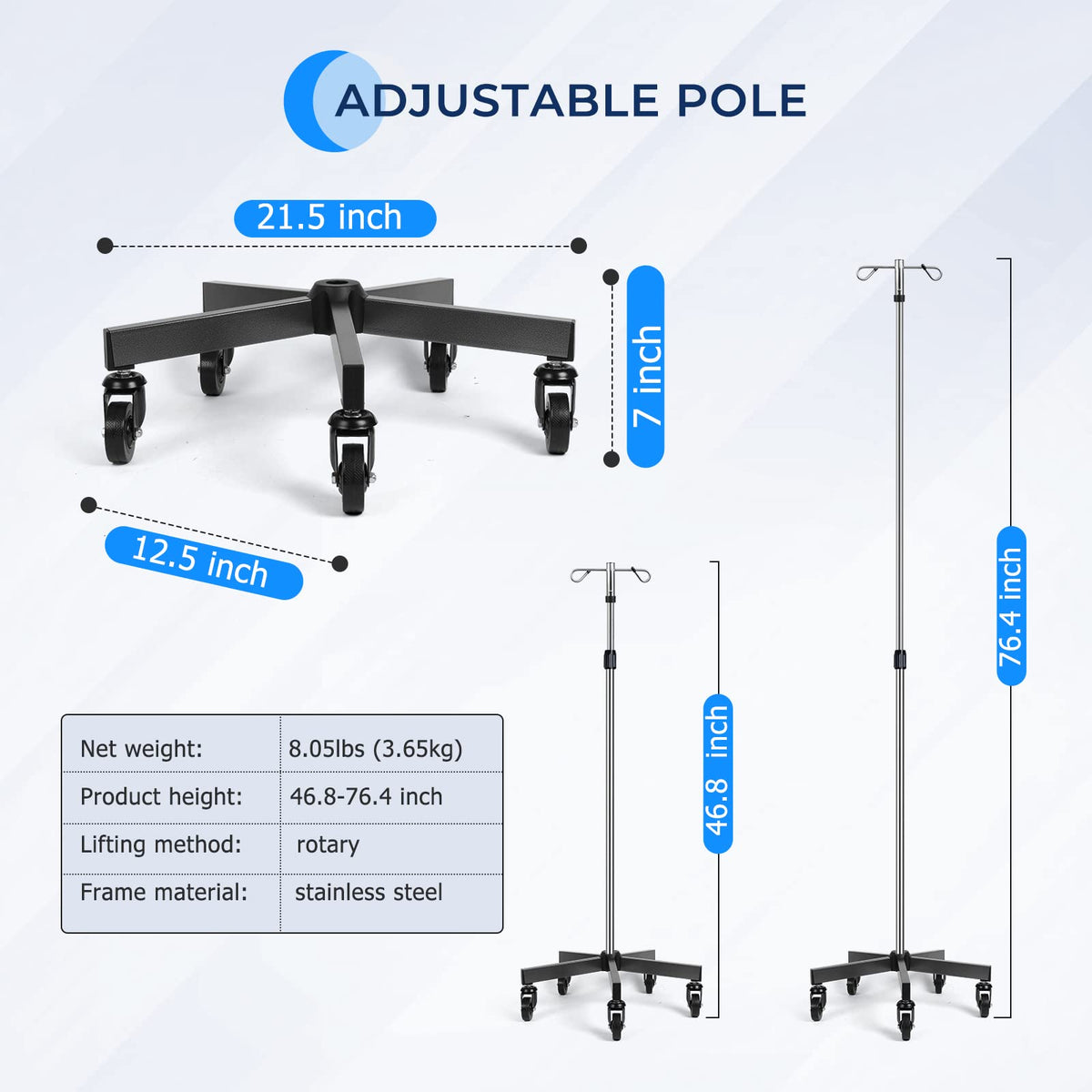 IV Poles with Wheels IV Stands 2 Hooks 5 Legs Rolling Base with Heavy Duty Stainless Steel, Adjustable Height,2PCS/2Pack