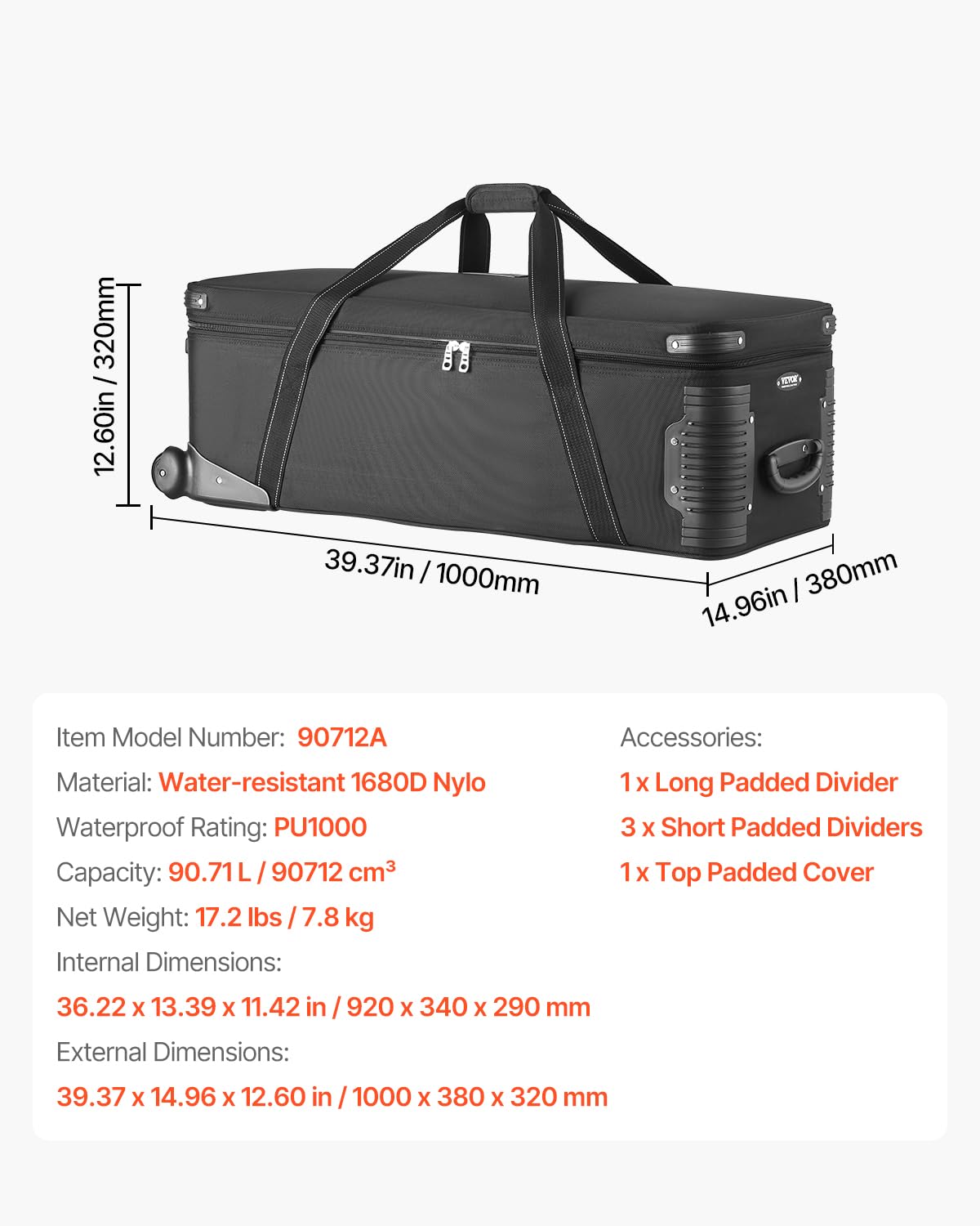 VEVOR Studio Equipment Trolley Case, 35.83 x 11.81 x 14 in / 91 x 30 x 35.5 cm, Rolling Camera Bag, Carrying Bag with Wheels Straps Padded Compartment Handle, for Light Stands, Tripods, Telescopes