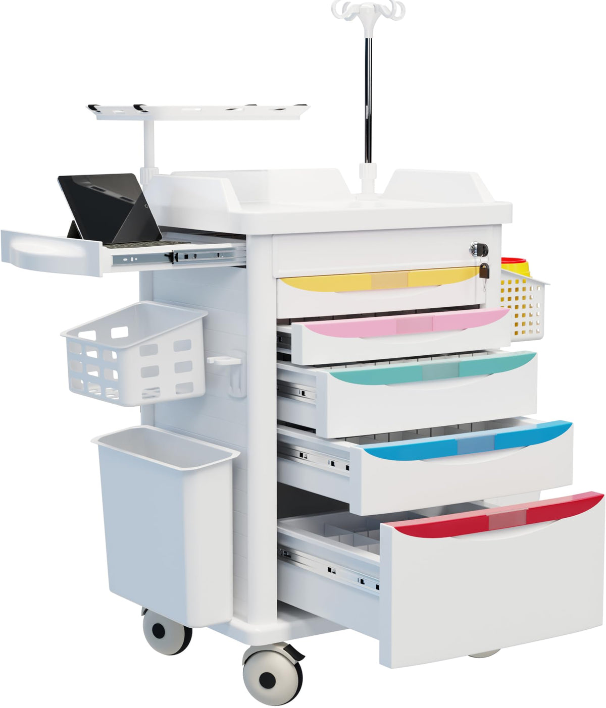 Medical Rolling Storage Crash Cart with Wheels, 5-Tier Medical Cart with Drawers, Adjustable IV Pole, Trash Bin & O2 Holder, Needle Disposal Holder, Silent Casters, Ideal for Hospitals (Grey)