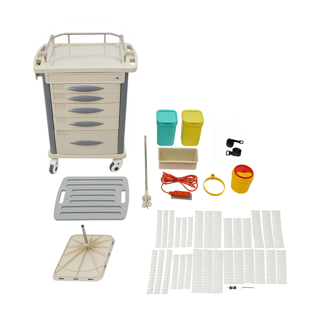 Medical Rolling Crash Cart, Medical Trolley 5 Drawers and Power Strip, Mobile Medical Cart for Clinic, Hospital, Nursing Center, Lockable Storage, Safety Retention Straps, Tag Slots (Blue)