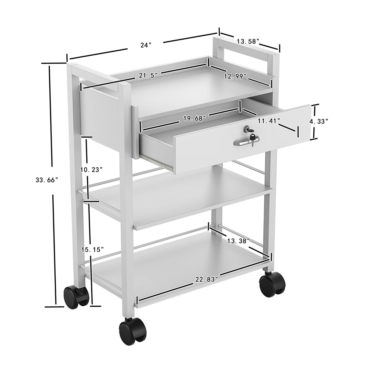 Paddie Salon Trolley Cart, Salon Tray Wooden Mobile Utility Cabinet with 2 Lockable Drawers, Rolling Storage Station Medical Esthetic Supply Holder for Beauty Spa (2 Drawers, White)