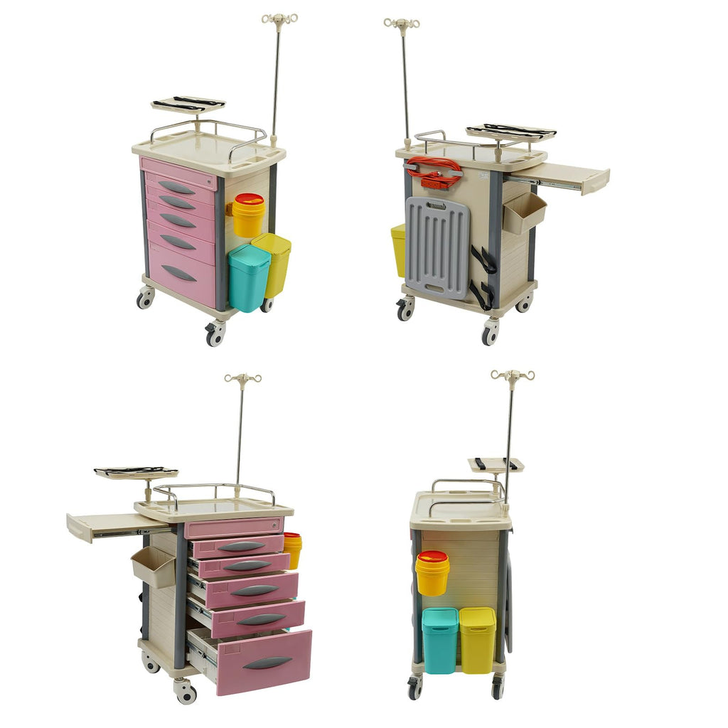 Medical Rolling Crash Cart, Medical Trolley 5 Drawers and Power Strip, Mobile Medical Cart for Clinic, Hospital, Nursing Center, Lockable Storage, Safety Retention Straps, Tag Slots (Blue)