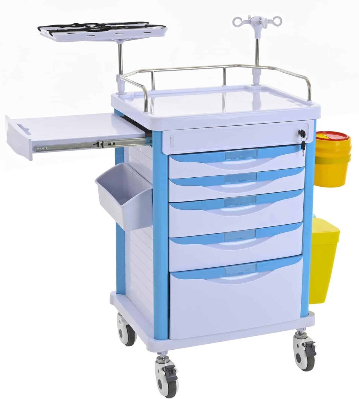 Medical Rolling Storage Crash Cart with Wheels & Drawers, Mobile Medical Cart with 5-Drawer, Medical Rolling Cart for Supplies, Nursing Emergency Cart for Hospital & Clinic, Adjustable IV Pole
