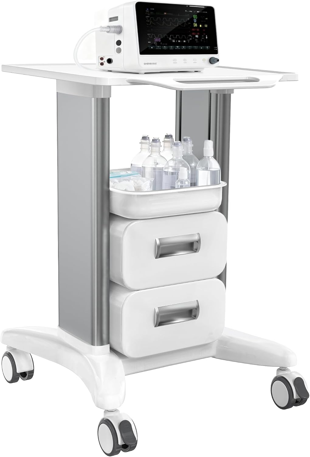Medical Rolling Storage Crash Cart Silent Casters & 5 Drawer, Ultrasound Emergency Cart with Power Strip,IV Pole,Needle Disposal,O2 Holder, Medical Cart for Hospital, Clinic, Grey/5 Drawer