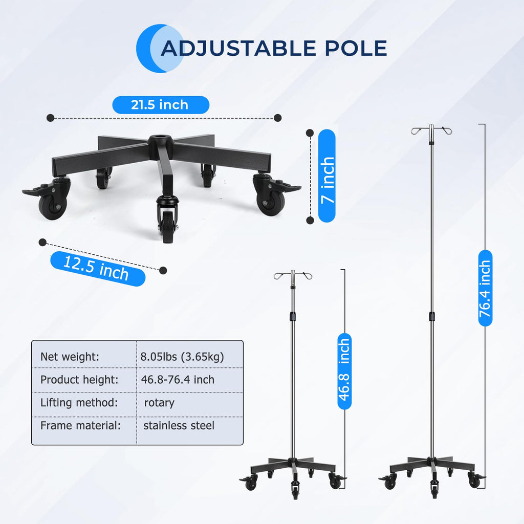 IV Poles with Wheels IV Stands 2 Hooks 5 Legs Rolling Base with Heavy Duty Stainless Steel, Adjustable Height,2PCS/2Pack
