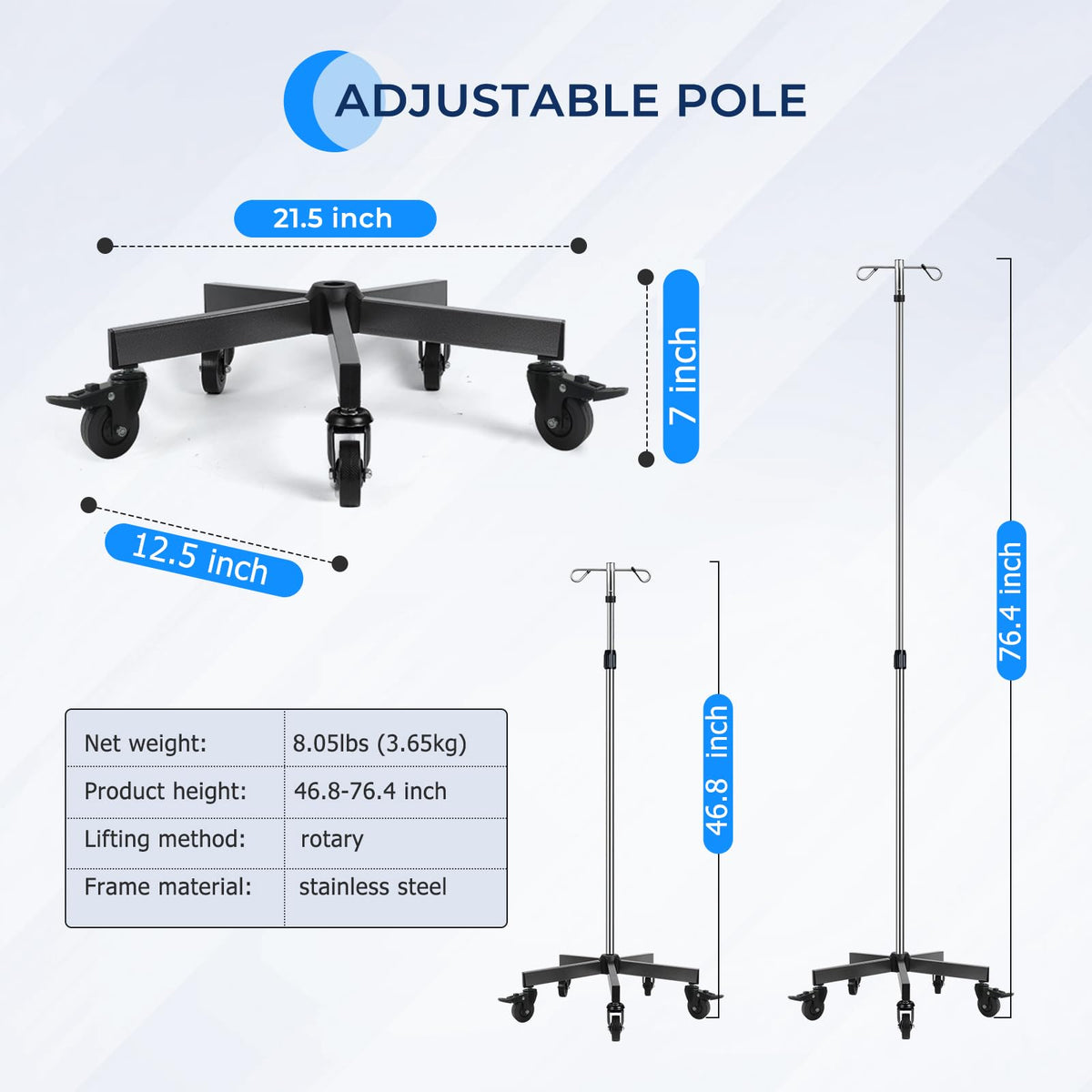 IV Poles with Wheels IV Stands 2 Hooks 5 Legs Rolling Base with Heavy Duty Stainless Steel, Adjustable Height,2PCS/2Pack