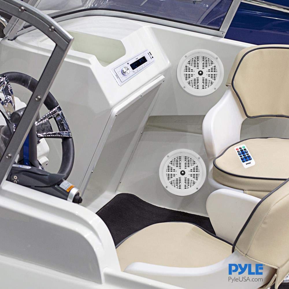 Pyle Marine Bluetooth Receiver Speaker Kit - Waterproof Audio Entertainment System Set w/Dual 6.5" Boat Speakers, Wireless BT Controller, Compact Handheld Broadcasting Microphone (White)