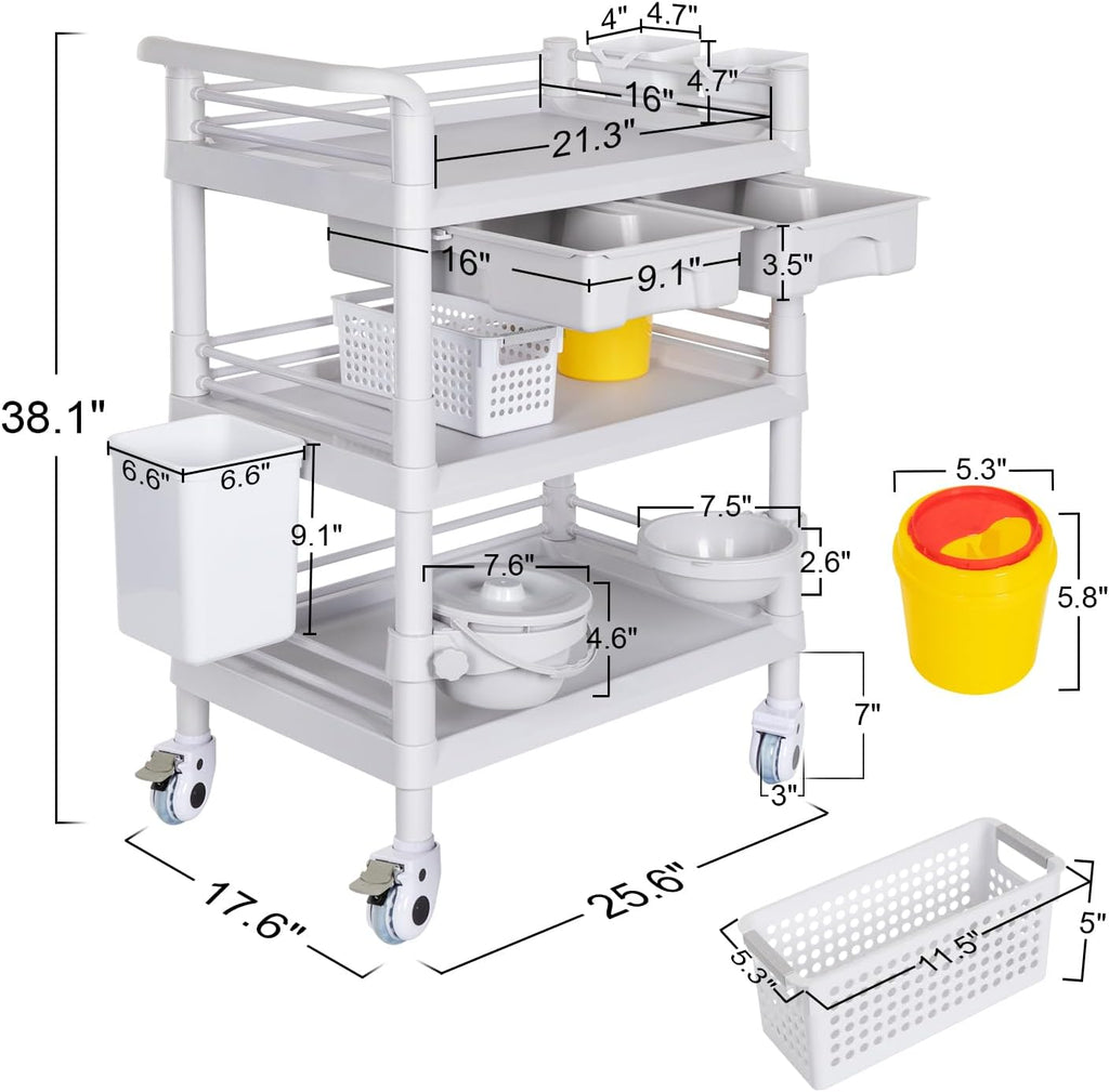 Mobile Medical Cart 3-Tier Professional Utility Cart 330 LBS Max Load
