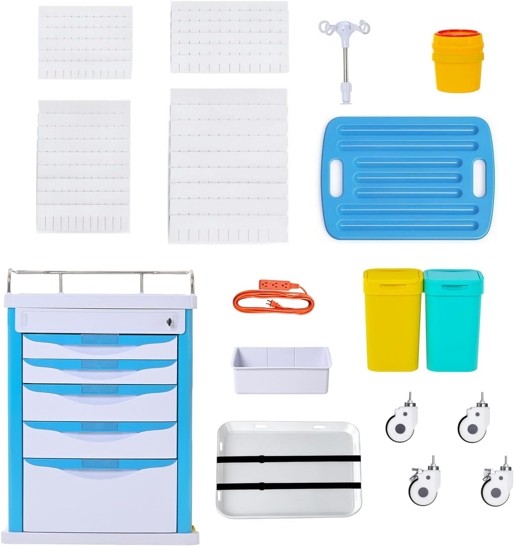 Medical Rolling Storage Crash Cart with Wheels & Drawers, Mobile Medical Cart with 5-Drawer, Medical Rolling Cart for Supplies, Nursing Emergency Cart for Hospital & Clinic, Adjustable IV Pole