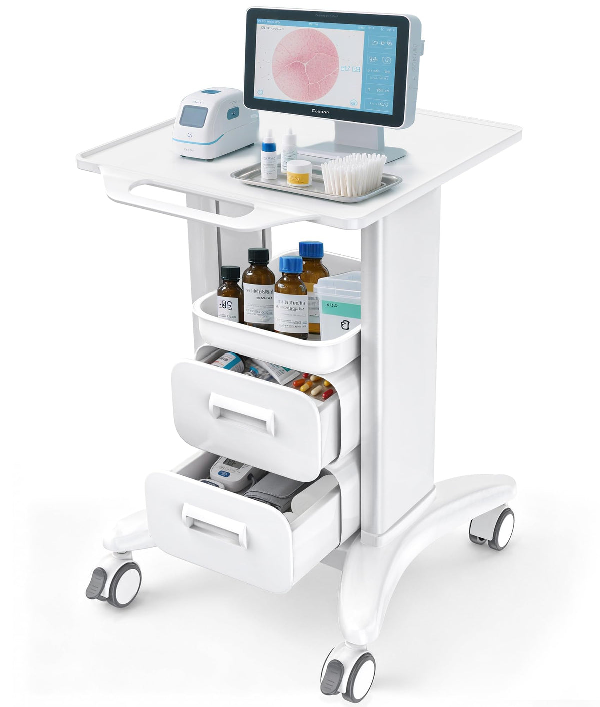 Medication Cart, Medical Rolling Storage Crash Cart with Wheels & Drawers, Ultrasound Nursing Emergency Cart with IV Pole,Casters, Holder, Trash Bin for Clinic, Hospital (24 * 22 * 28IN, 1 Drawer)