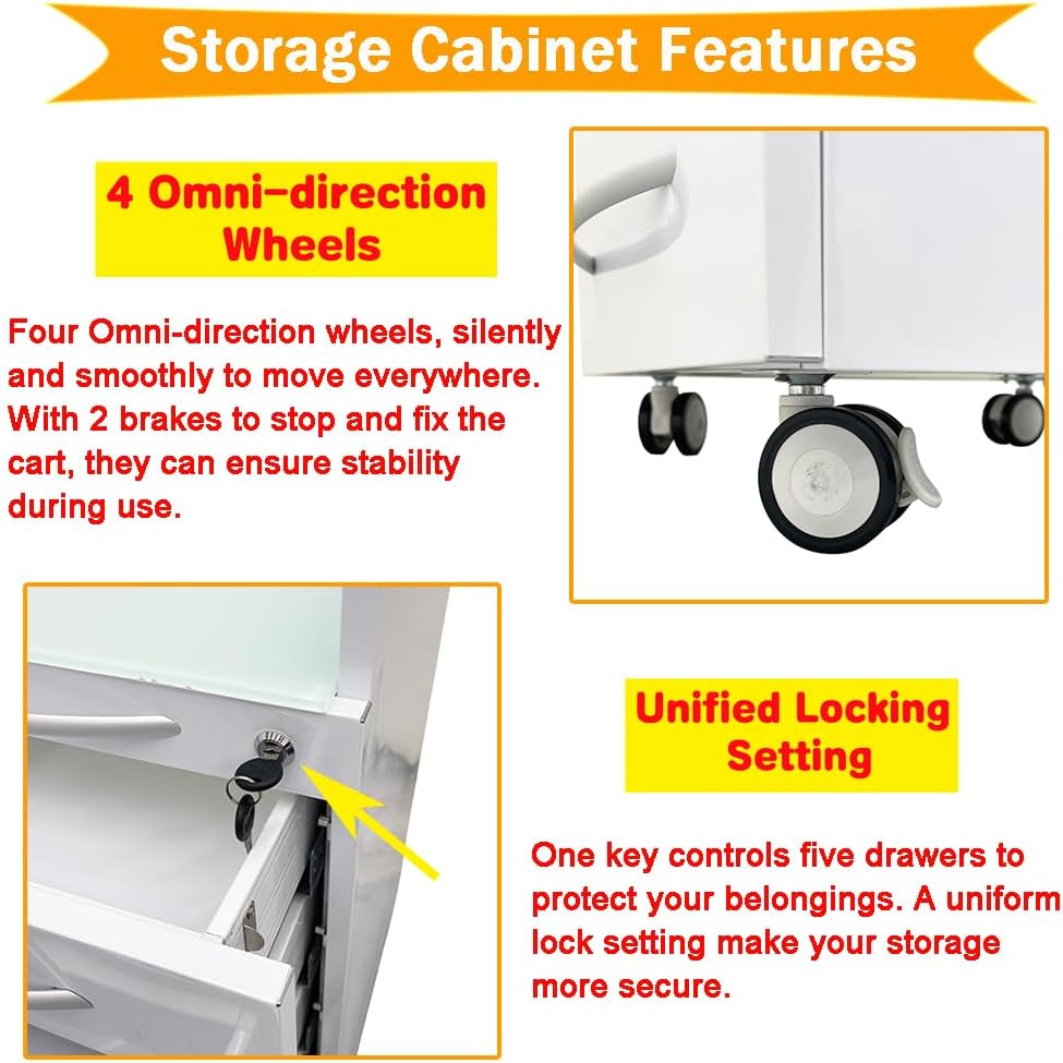 5 Drawer Dental Assistant's Mobile Cabinet Mobile Utility Storage Cart Office File Storage Cart Stainless Steel Moving Side Cabinet with Lock Wheels for Dental Medical Office Home