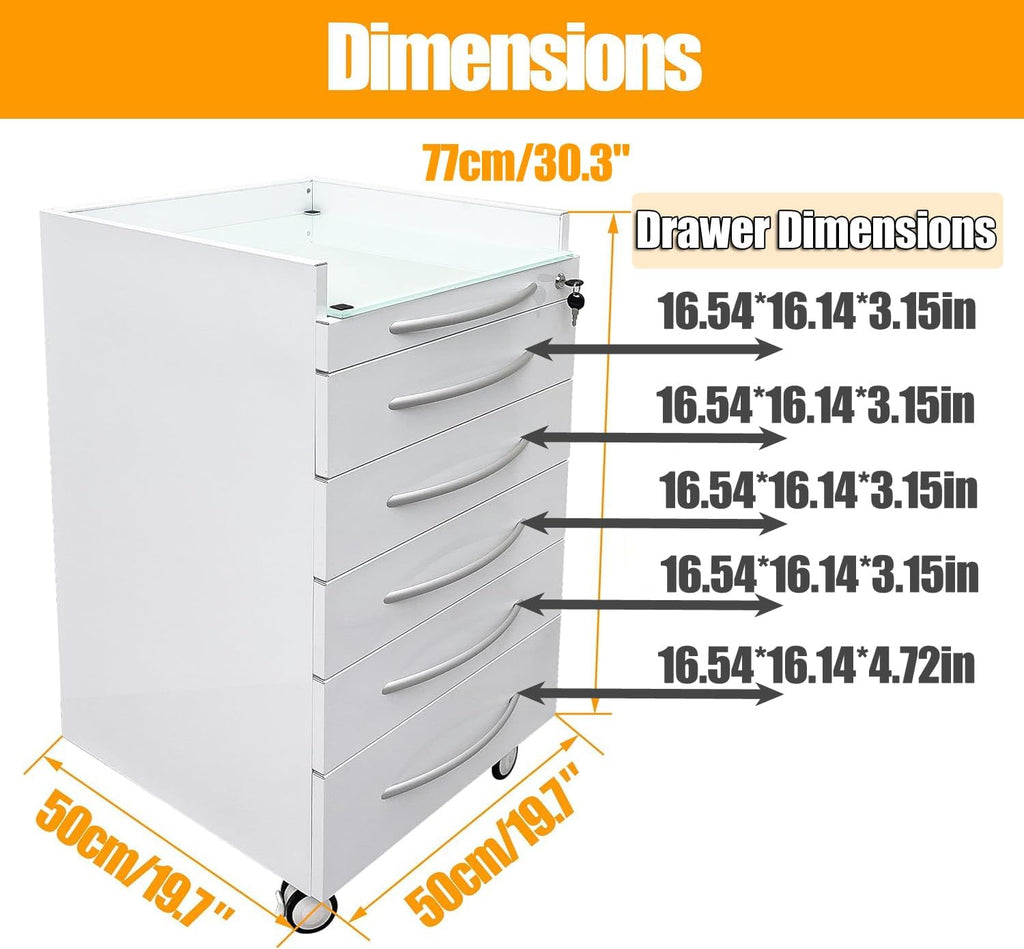 TECHTONGDA Dental Assistant's Mobile Cabinet 5 Drawer Medical Dental Mobile Cart, Stainless Steel Moving Storage Cabinet Utility Cart with Lock and 4 Casters for Office Clinic Hospital