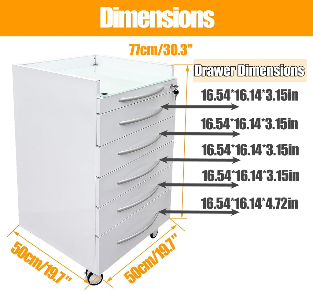 TECHTONGDA Dental Assistant's Mobile Cabinet 5 Drawer Medical Dental Mobile Cart, Stainless Steel Moving Storage Cabinet Utility Cart with Lock and 4 Casters for Office Clinic Hospital
