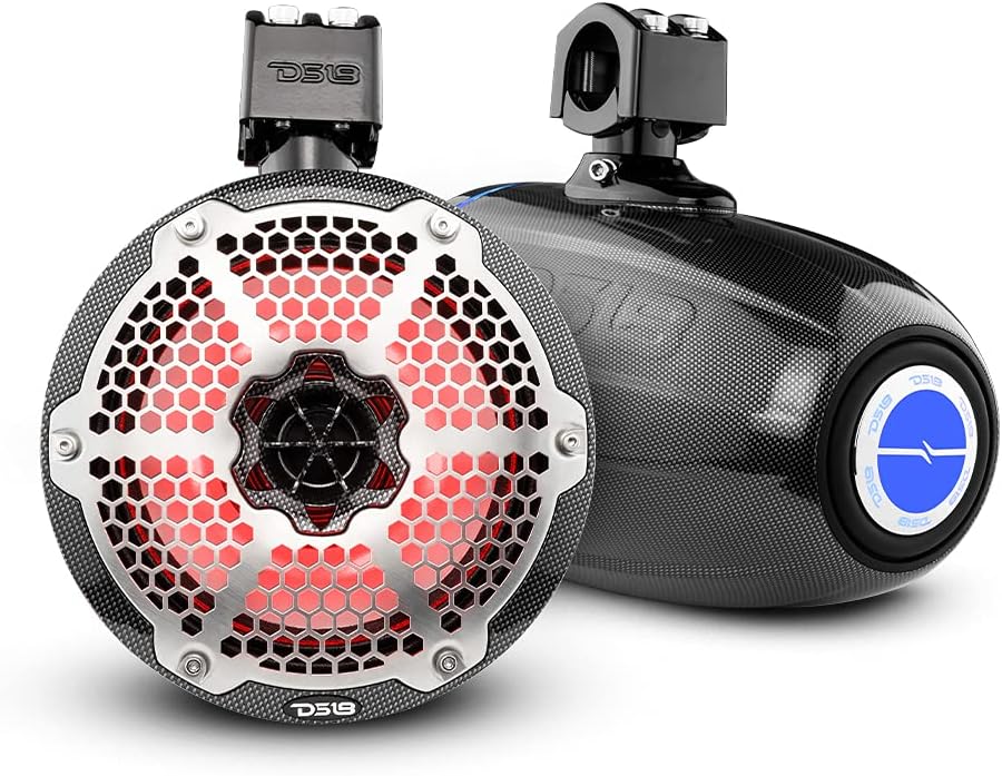 DS18 CF-X8TPBNEO 8" Neodymium Marine Towers with Built-in Passive Radiator, 1" Driver and RGB LED Lights - High Performance, Marine Grade IP65 Rated, 550W Max 180W RMS 4 Ohms (Pair)