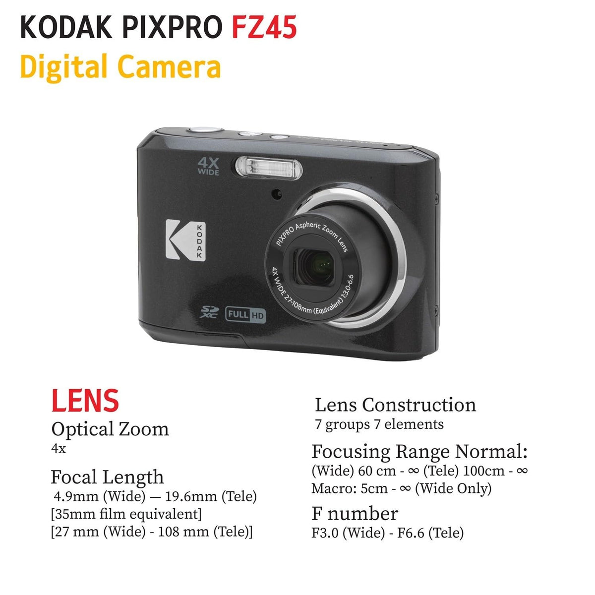 KODAK PIXPRO FZ45 16MP Digital Camera with 4X Optical Zoom 27mm Wide Angle and 2.7" LCD Screen Bundle with 32GB SD Memory Card, AA Batteries (4 Pack), Lens Cleaning Cloth (Red)