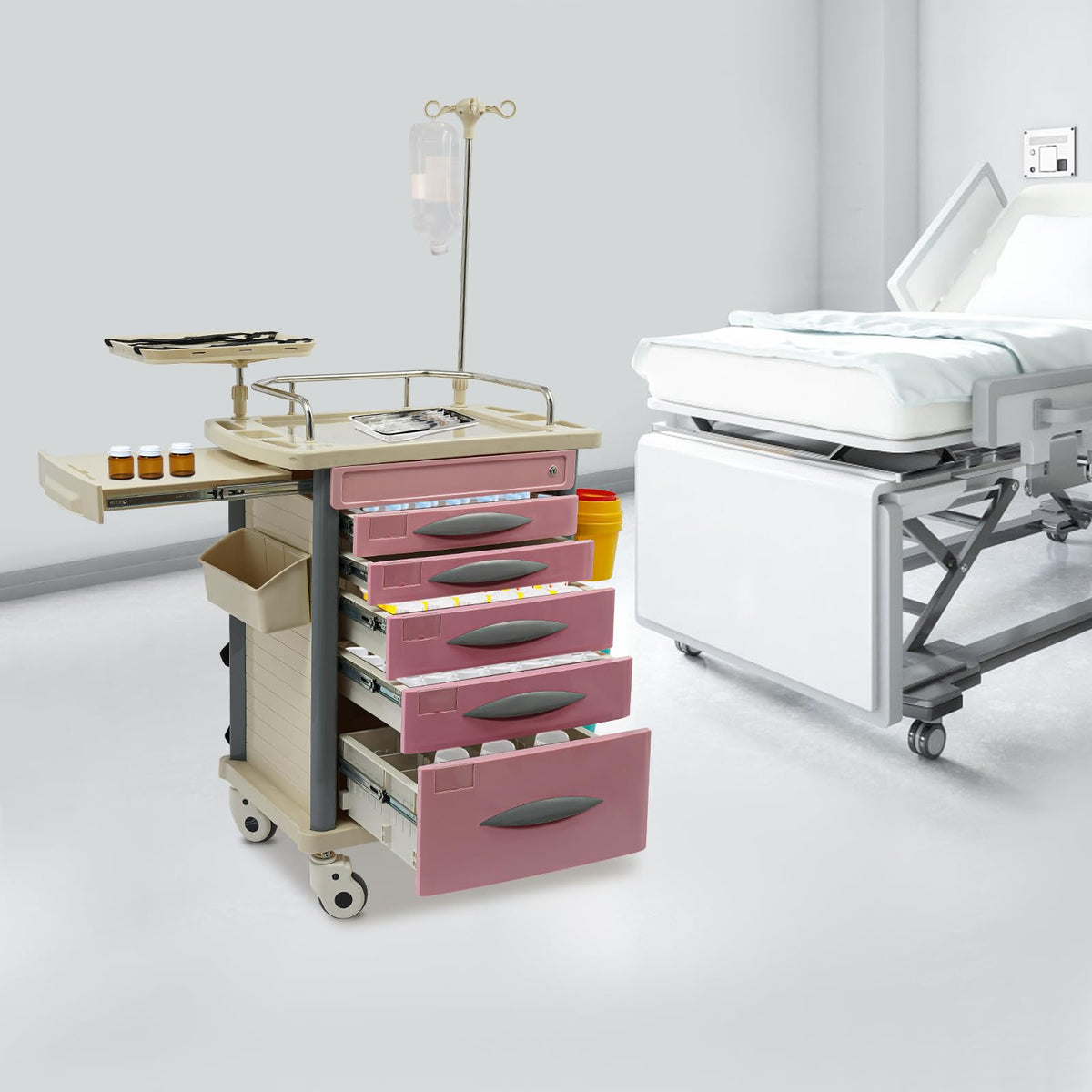 Medical Rolling Crash Cart, Medical Trolley 5 Drawers and Power Strip, Mobile Medical Cart for Clinic, Hospital, Nursing Center, Lockable Storage, Safety Retention Straps, Tag Slots (Blue)