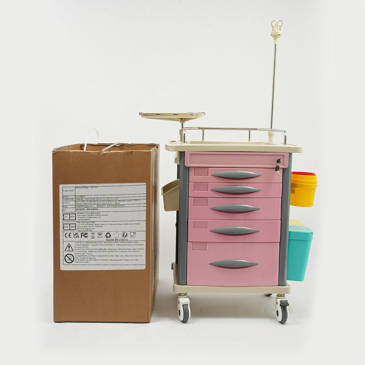 Medical Rolling Crash Cart, Medical Trolley 5 Drawers and Power Strip, Mobile Medical Cart for Clinic, Hospital, Nursing Center, Lockable Storage, Safety Retention Straps, Tag Slots (Blue)