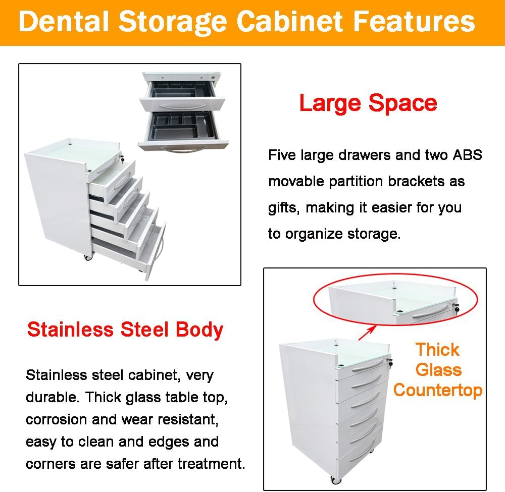 5-Drawer Mobile Dental Cart Medical Trolley with 2 Partition Tarys