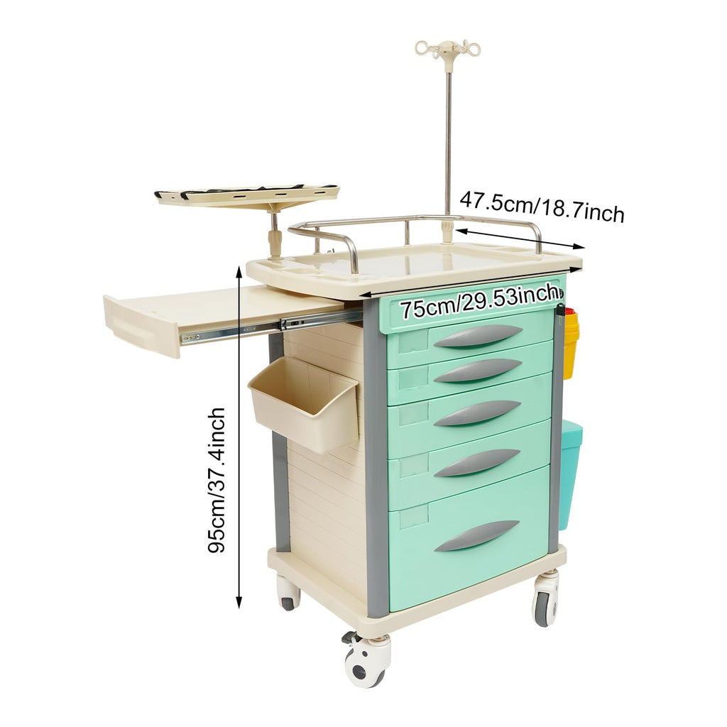 Medical Rolling Crash Cart, Medical Trolley 5 Drawers and Power Strip, Mobile Medical Cart for Clinic, Hospital, Nursing Center, Lockable Storage, Safety Retention Straps, Tag Slots (Blue)