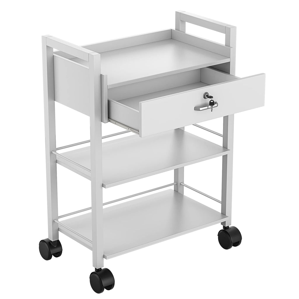 Paddie Salon Trolley Cart, Salon Tray Wooden Mobile Utility Cabinet with 2 Lockable Drawers, Rolling Storage Station Medical Esthetic Supply Holder for Beauty Spa (2 Drawers, White)