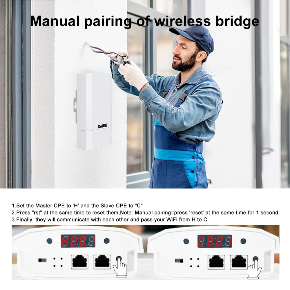 Outdoor Wireless Bridge, KuWFi 5.8G 3KM Transmission WiFi Point to Point Wireless Ethernet Bridge Router, with 3 RJ45 LAN Ports, Pre-Program, 48V PoE, 2-Packs