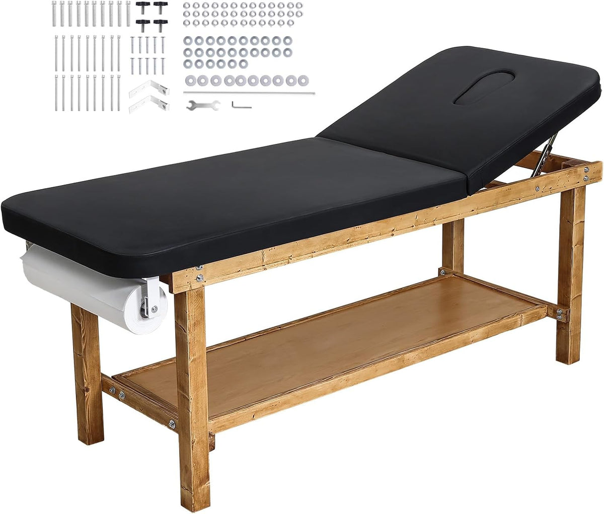 VEVOR Medical Exam Table, Wooden Framed Medical Examination Bed, Physical Therapy Exam Table with Adjustable Backrest, Storage Shelf & Paper Roll Dispenser for Hospitals Clinics Rehab Centers, 500LBS