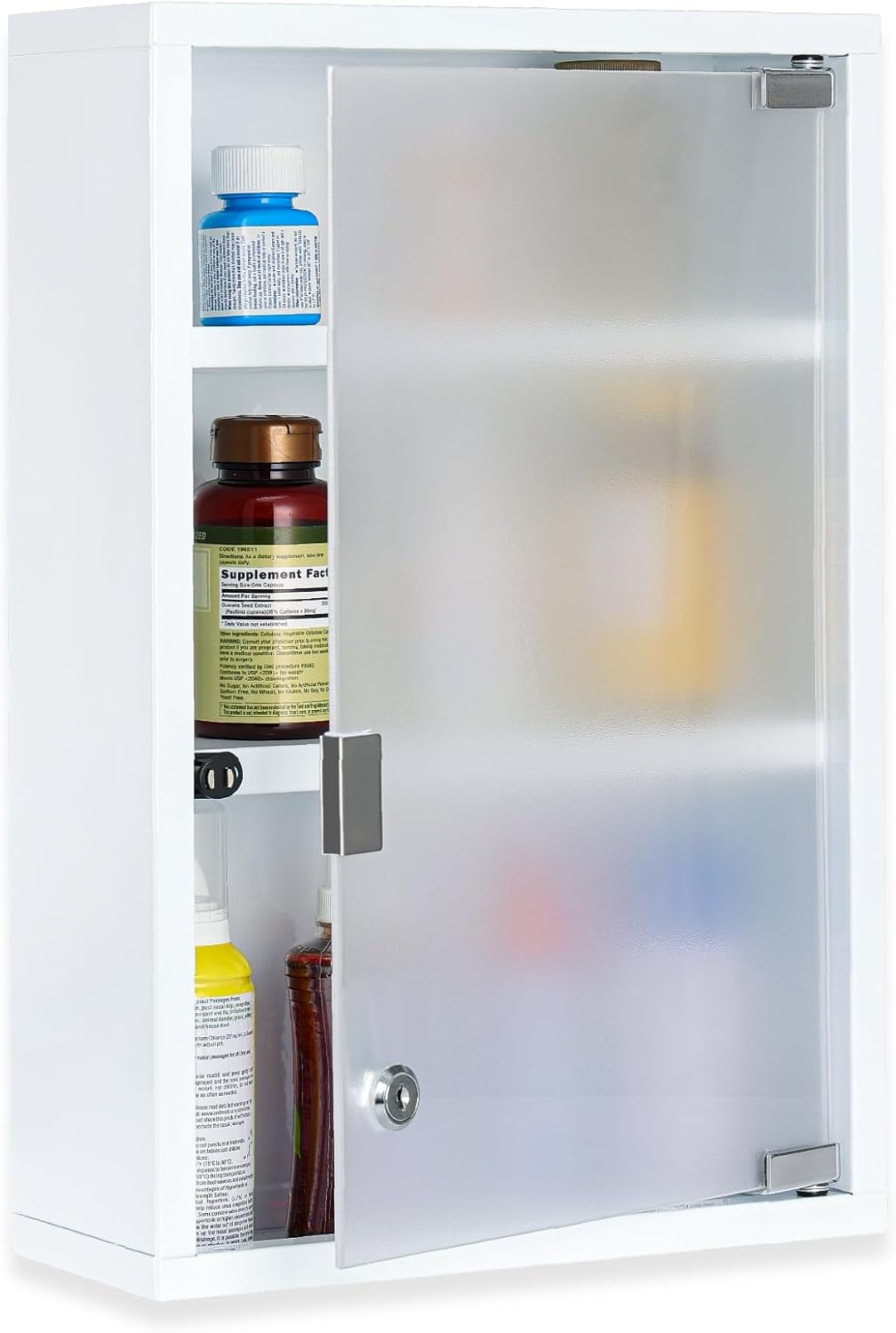 Metal Medicine Cabinet with Lock, Frosted Door, 3-Shelf, Wall Mount