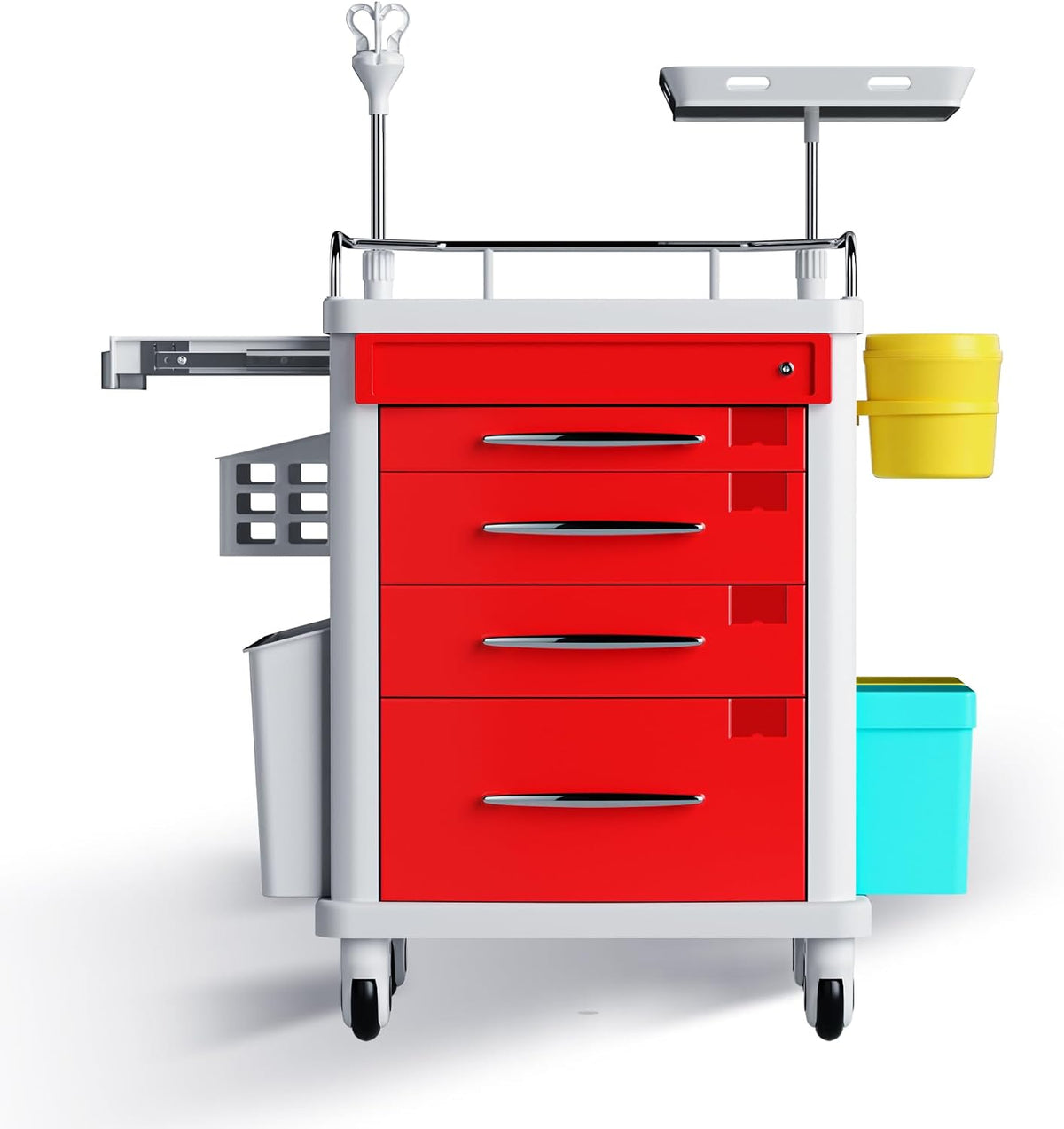 Medical Rolling Crash Cart, Mobile Medical Cart for Clinic, Hospital, Nursing Center with Integrated Medical Countertop -2 Trash Bin, Power Strip, Drawers with Dividers