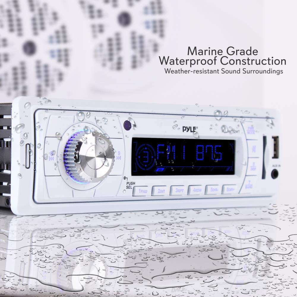 Pyle Marine Bluetooth Receiver Speaker Kit - Waterproof Audio Entertainment System Set w/Dual 6.5" Boat Speakers, Wireless BT Controller, Compact Handheld Broadcasting Microphone (White)