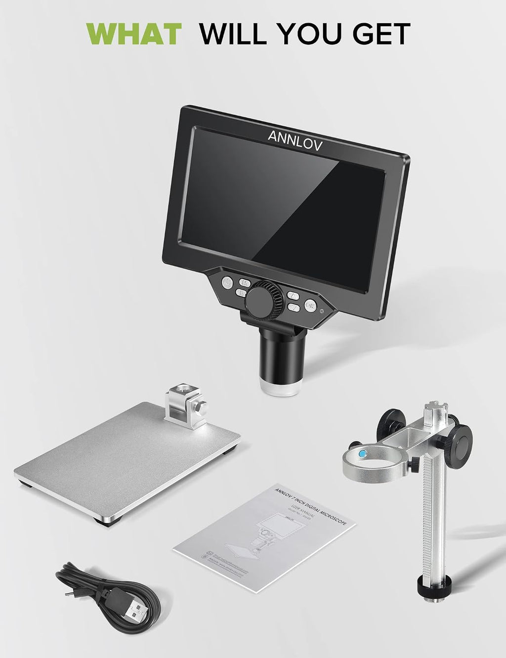 7" LCD Digital Microscope ANNLOV 1200X Maginfication 1080P Coin Microscope with Metal Stand,12MP Ultra-Precise Focusing Video Camera for Adults,8 LED Fill Lights Windows/Mac Compatible