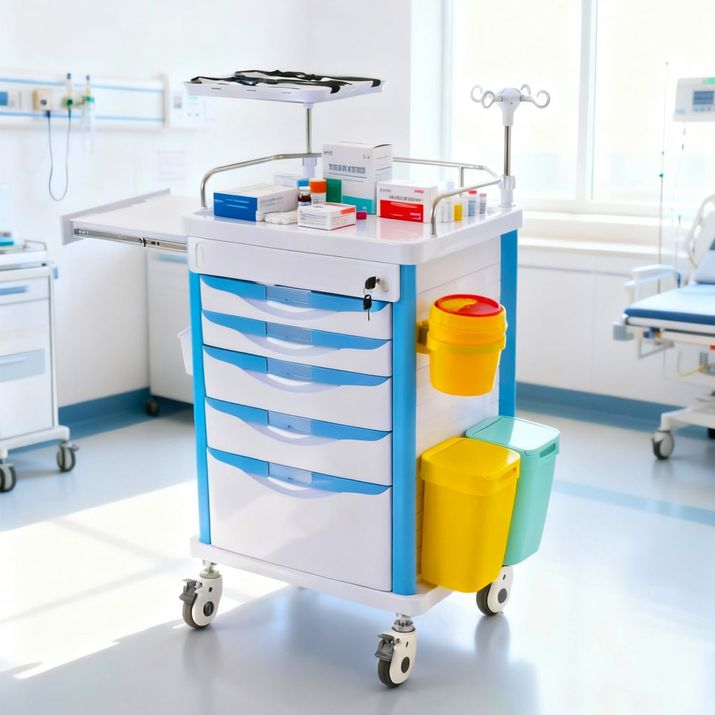 Medical Rolling Storage Crash Cart with Wheels & Drawers, Mobile Medical Cart with 5-Drawer, Medical Rolling Cart for Supplies, Nursing Emergency Cart for Hospital & Clinic, Adjustable IV Pole