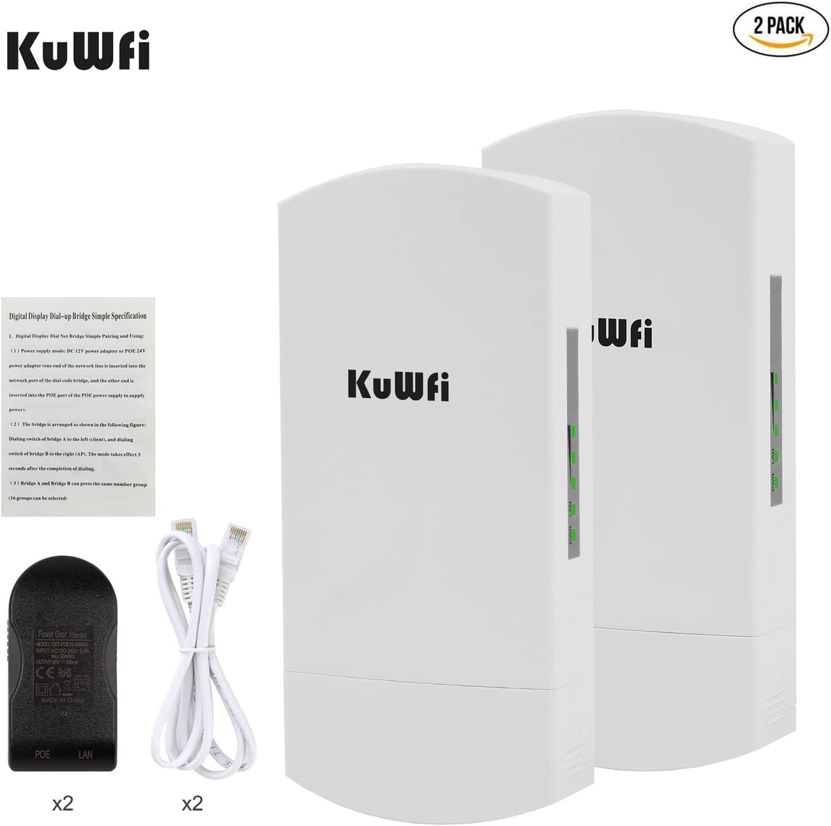 Outdoor Wireless Bridge, KuWFi 5.8G 3KM Transmission WiFi Point to Point Wireless Ethernet Bridge Router, with 3 RJ45 LAN Ports, Pre-Program, 48V PoE, 2-Packs